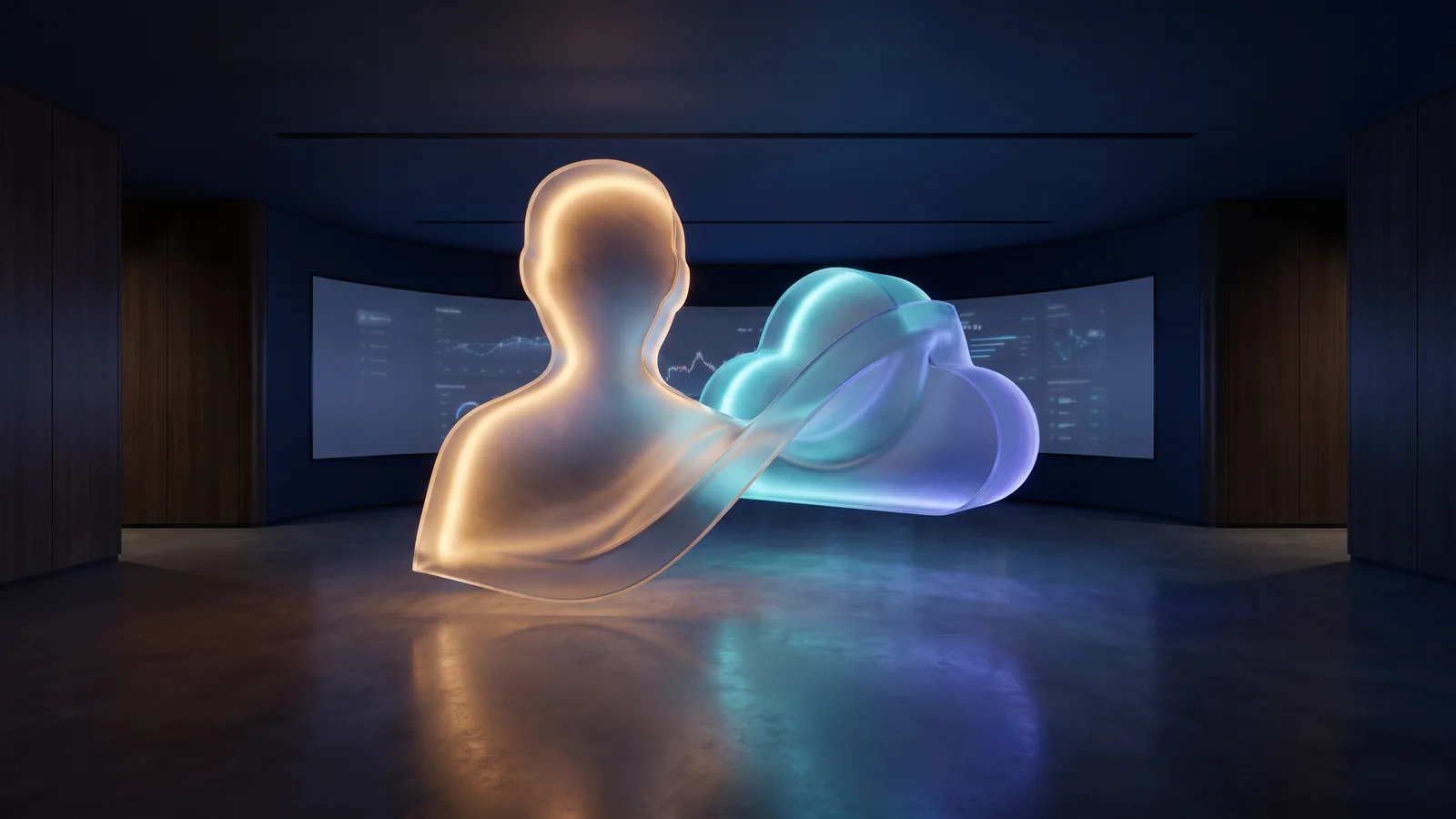 Elegant collaborative abstract forms in warm and cool light representing human and machine intelligence working together