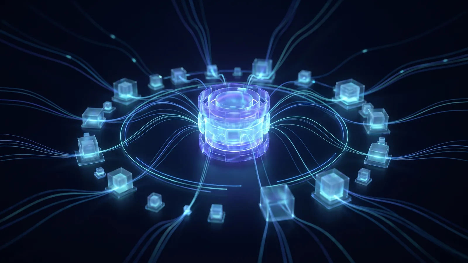 A structured intelligence network of translucent nodes collaborating around a secure central orchestration layer with indigo and cyan light