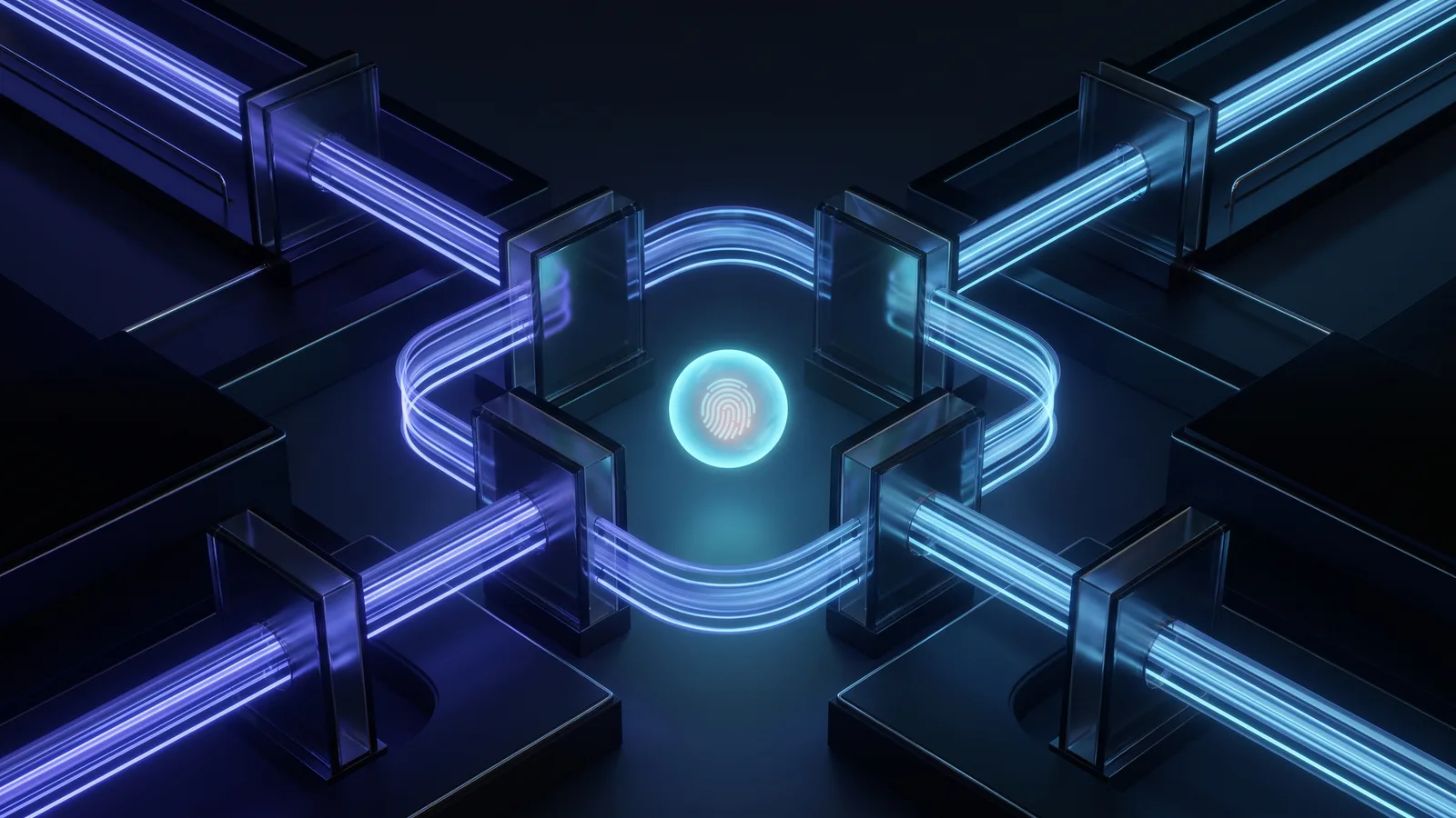 Interconnected abstract workflow pathways moving through translucent geometric decision gates with a glowing human oversight control point