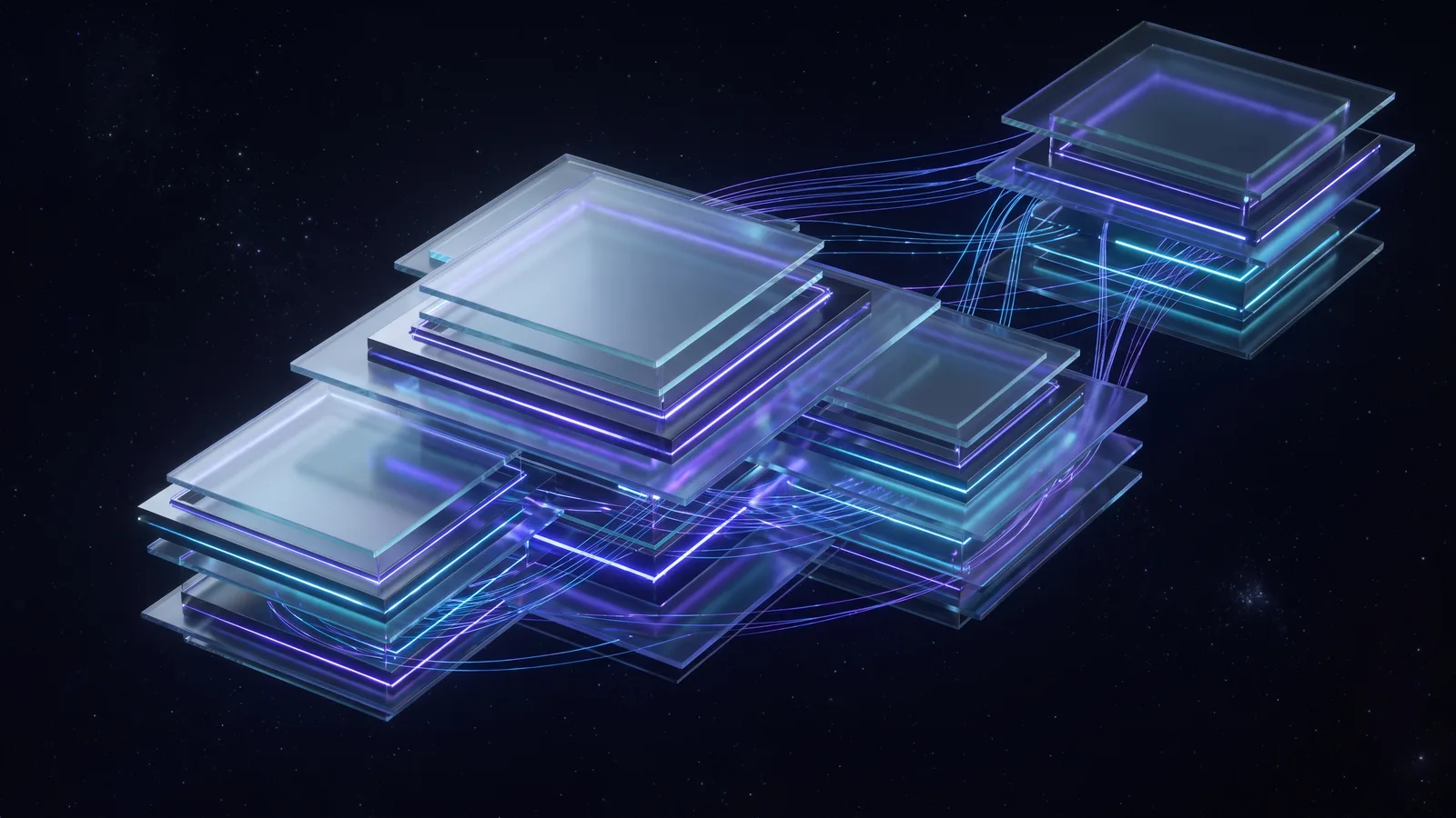 Resilient distributed cloud infrastructure visualized as layered translucent connected geometric systems in a dark premium environment