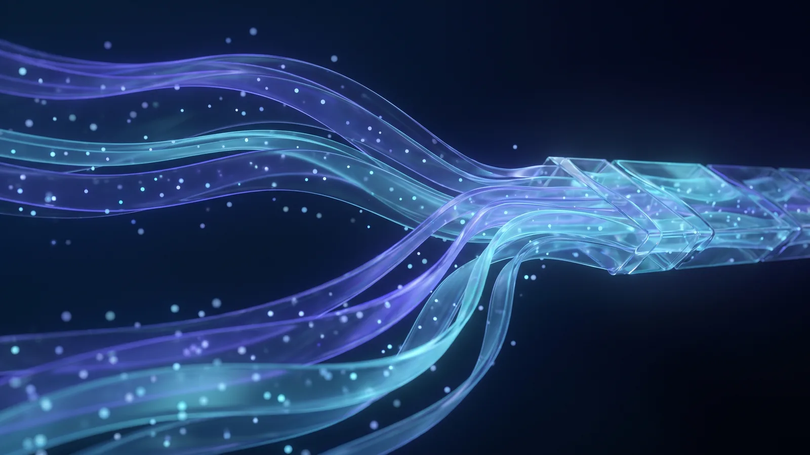 Elegant translucent data streams converging into a clean structured luminous intelligence layer with cyan and indigo lighting