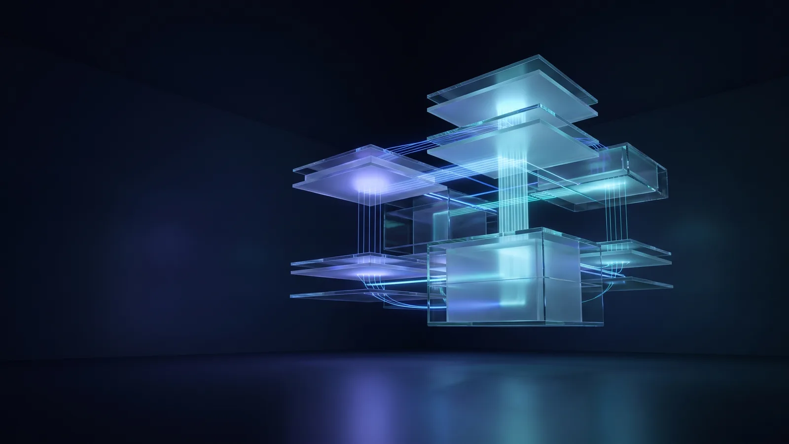 Abstract 3D visualization of a modular intelligent system with connected nodes and indigo-cyan light streams, representing HASM's enterprise AI architecture