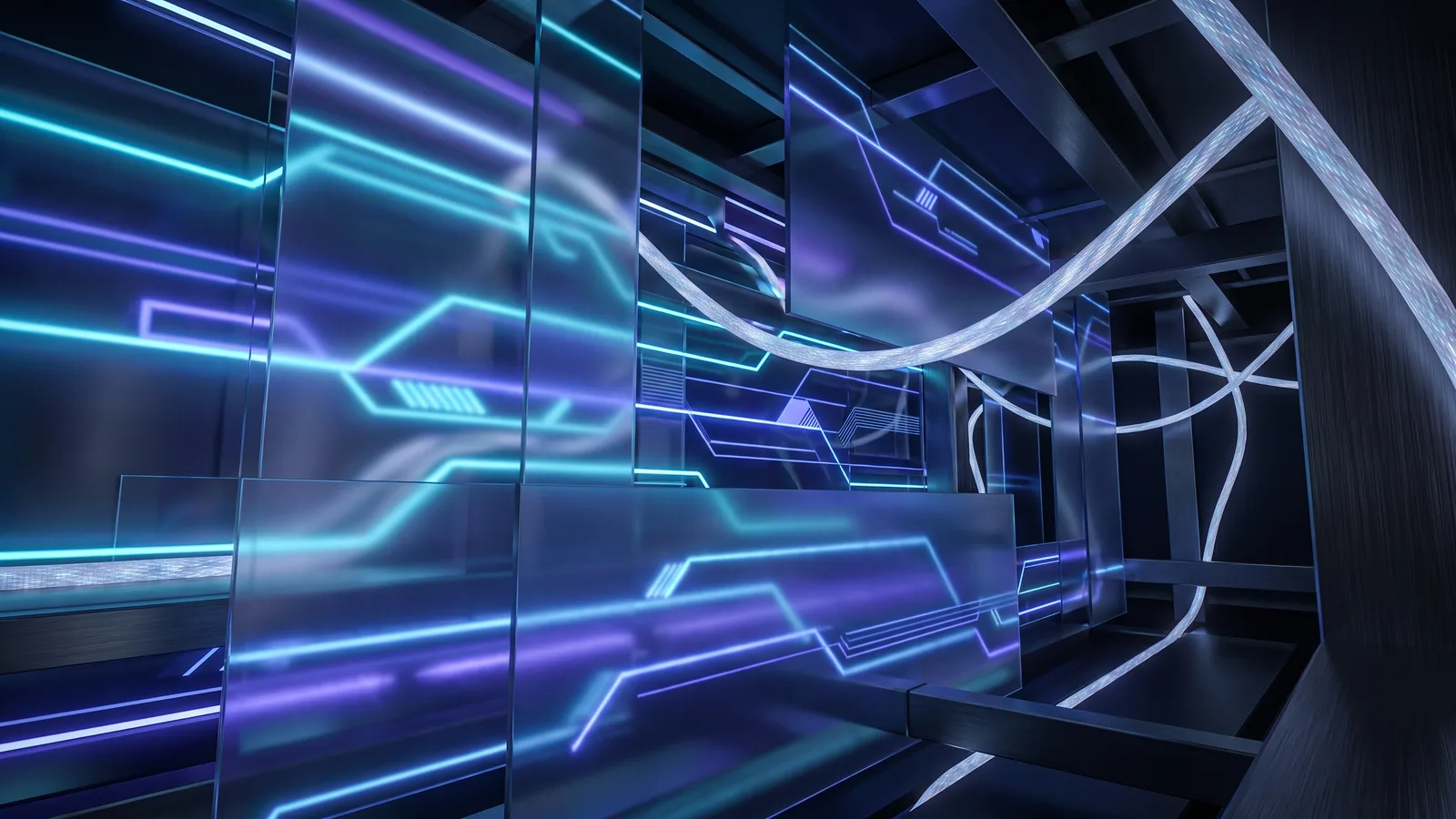 Protected digital architecture with layered translucent access barriers and controlled encrypted data paths glowing softly