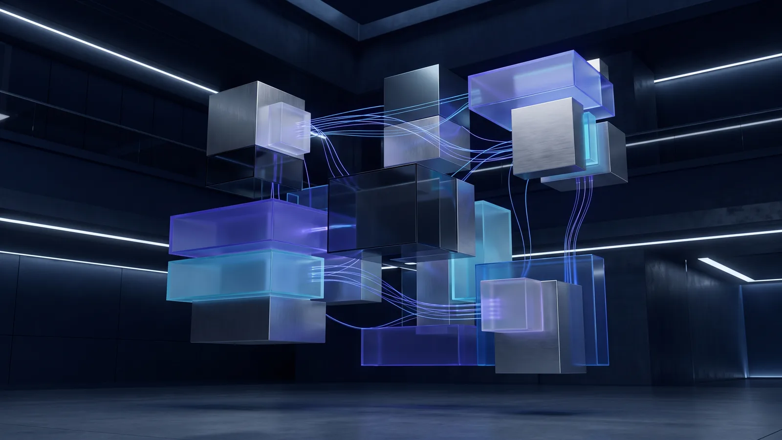 Abstract modular software architecture with interconnected geometric components and translucent API layer panels in indigo and cyan light